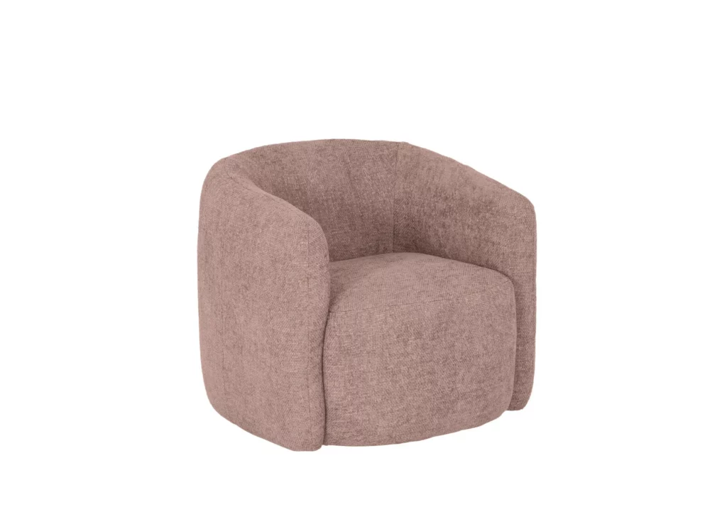 Beige stoffen fauteuil met ronde vorm en hoge rugleuning verkrijgbaar bij Belga Meubel Brugge