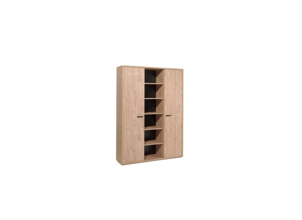 hoge houten bergkast met twee deuren en open planken in het midden, modern design
