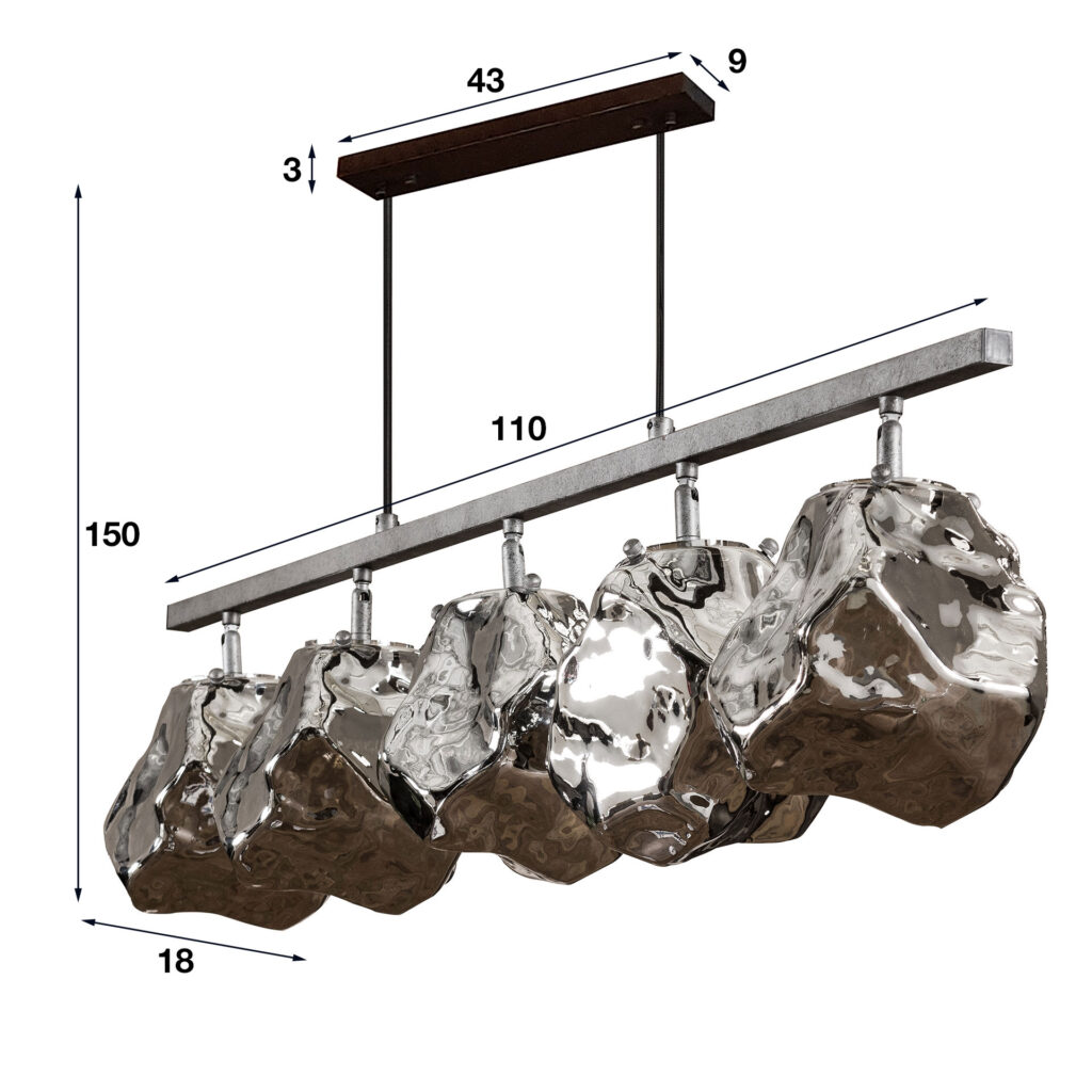 Moderne hanglamp met 6 metallic glazen lampenkappen en metalen frame, verkrijgbaar bij Belga Meubel Brugge