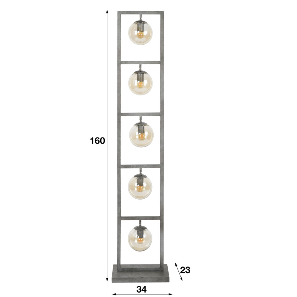 industriële vloerlamp met metalen frame en glazen bollen met verlichting, verkrijgbaar bij Belga Meubel Brugge