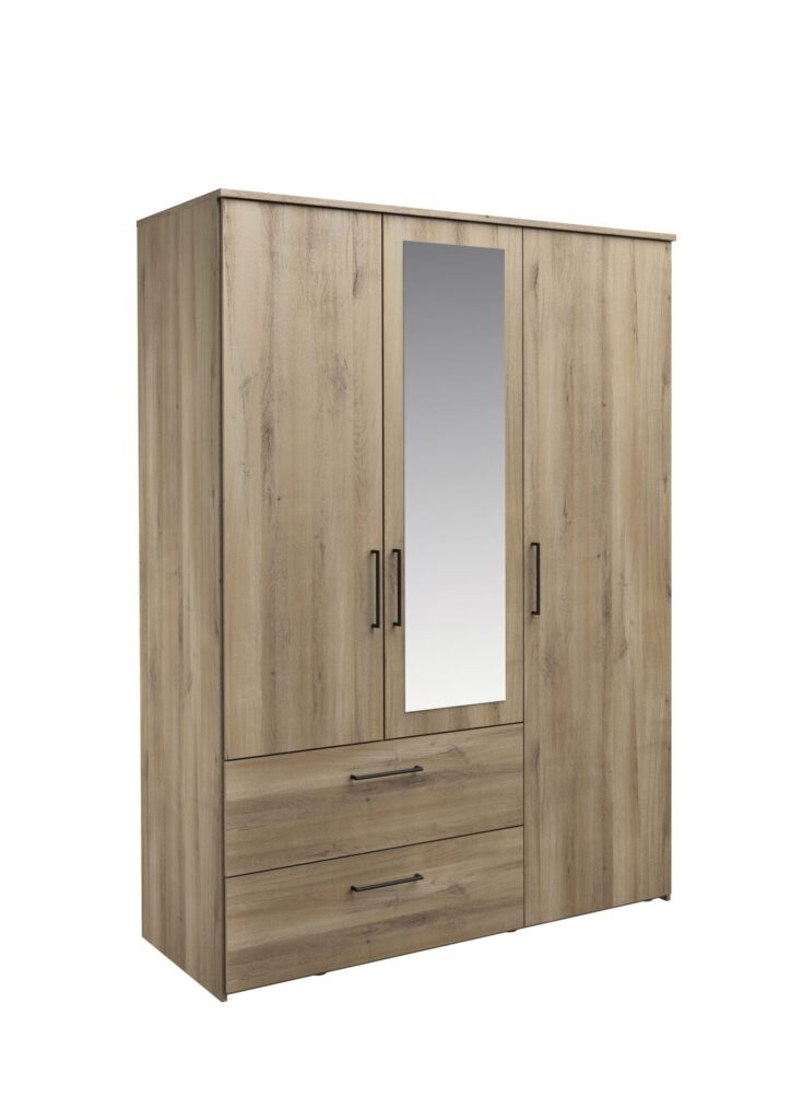 Houten kast met spiegel en laden uit Belga Meubel in Brugge, moderne en functionele opbergruimte met natuurlijke finish