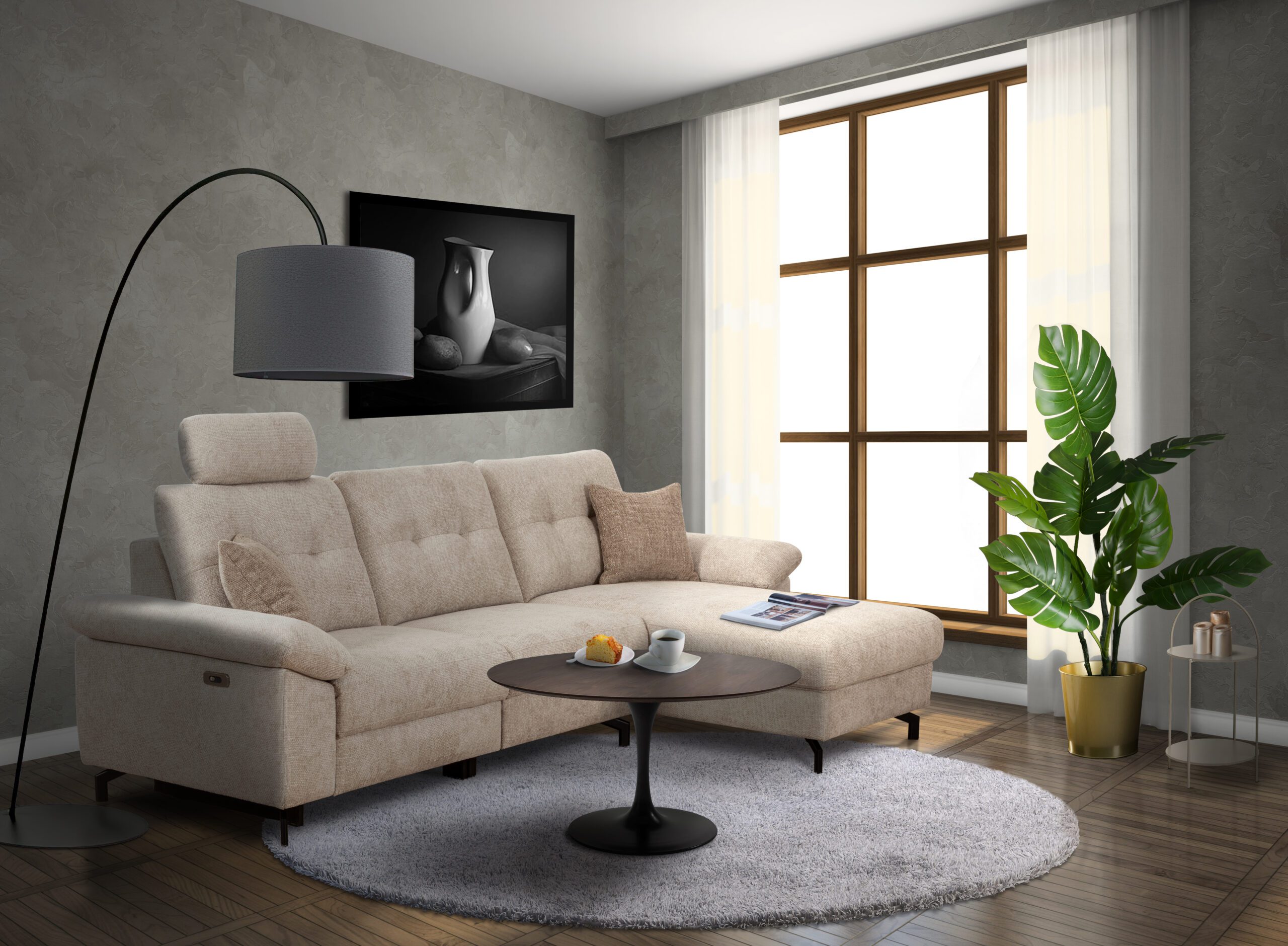 Comfortabele beige hoekzetel met kussens, zwarte vloerlamp en planten in een moderne woonkamer bij Belga Meubel Brugge