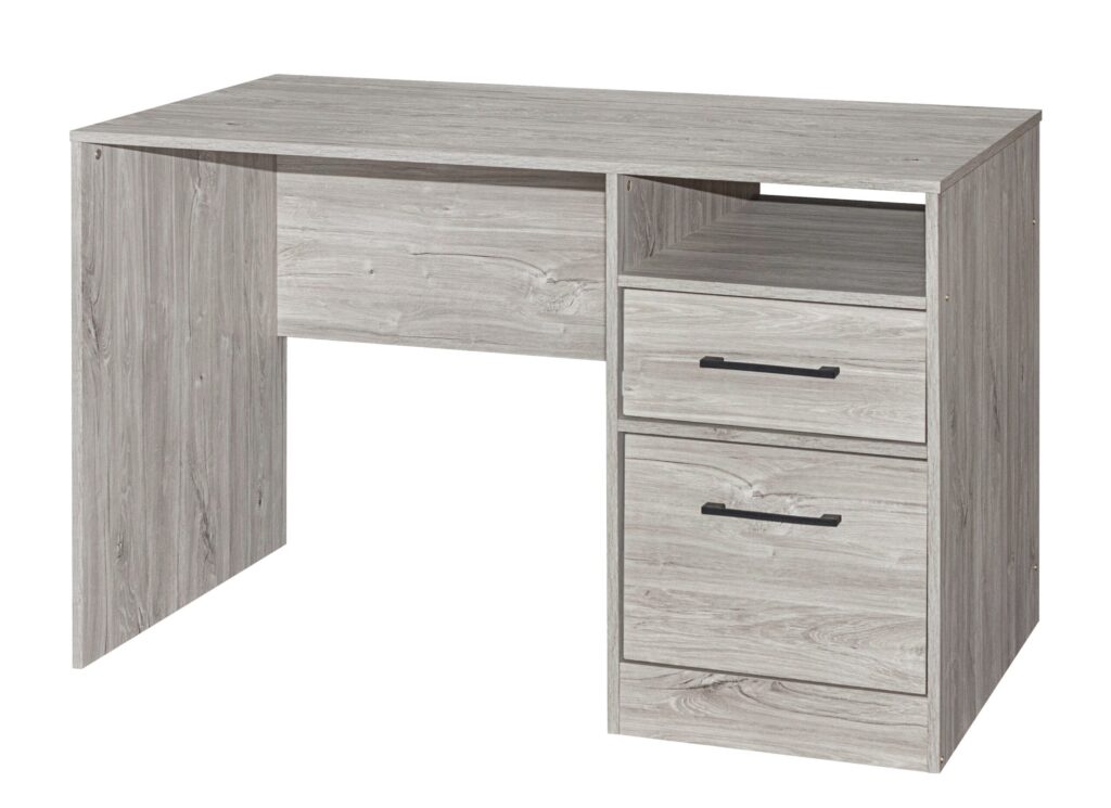grijs houten bureau met ladenkast en open vak verkrijgbaar bij Belga Meubel Brugge