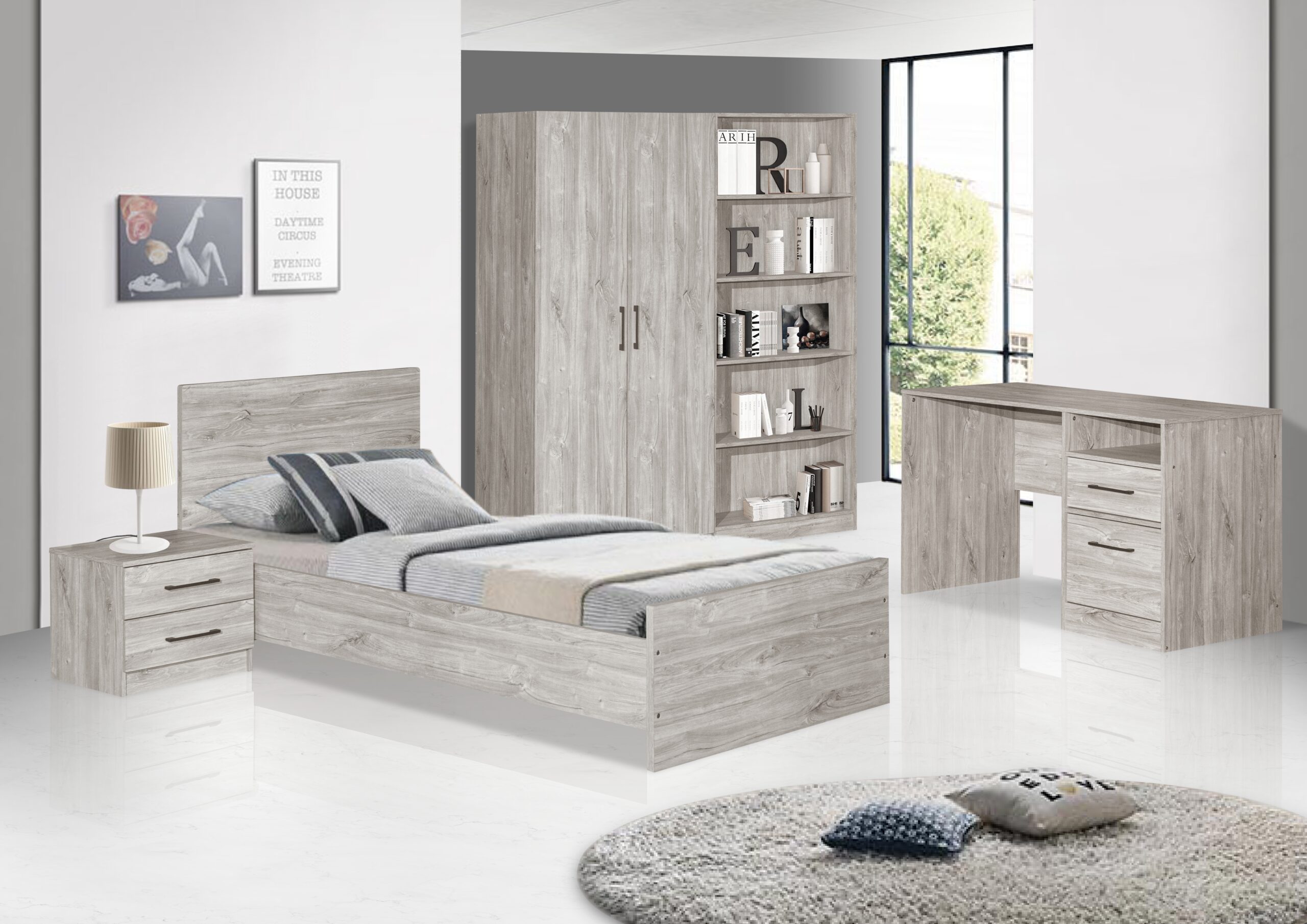 Slaapkamerinrichting met lichtgrijs houten bed, nachtkastje, kast en bureau van Belga Meubel in Brugge