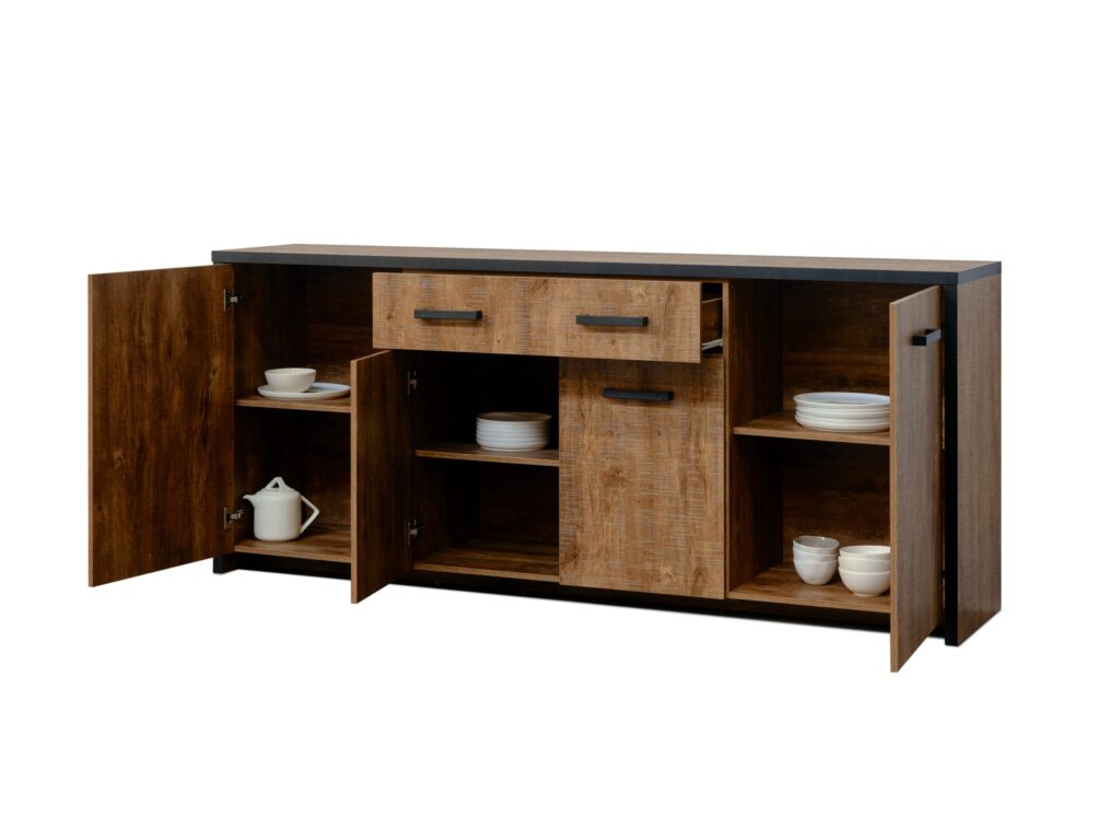 Houten dressoir met open deuren en lades, gevuld met serviesgoed, verkrijgbaar bij Belga Meubel Brugge