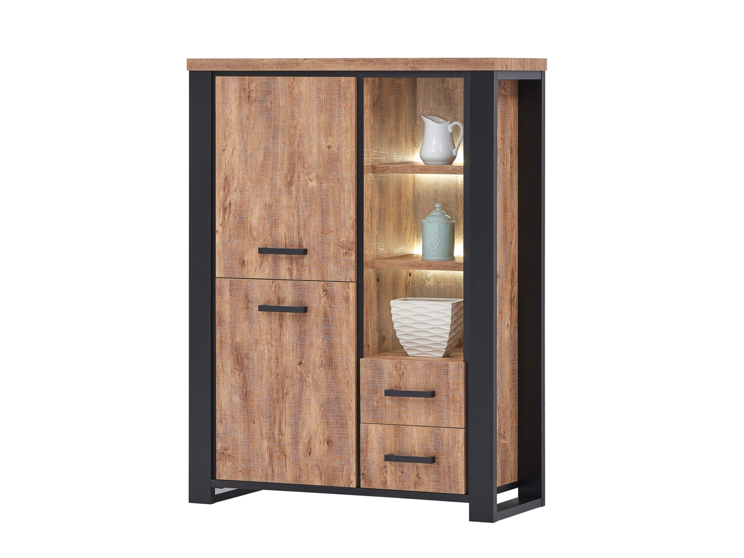 hoge bruine houten kast met zwarte metalen frame en verlichting, meubels verkrijgbaar bij Belga Meubel Brugge