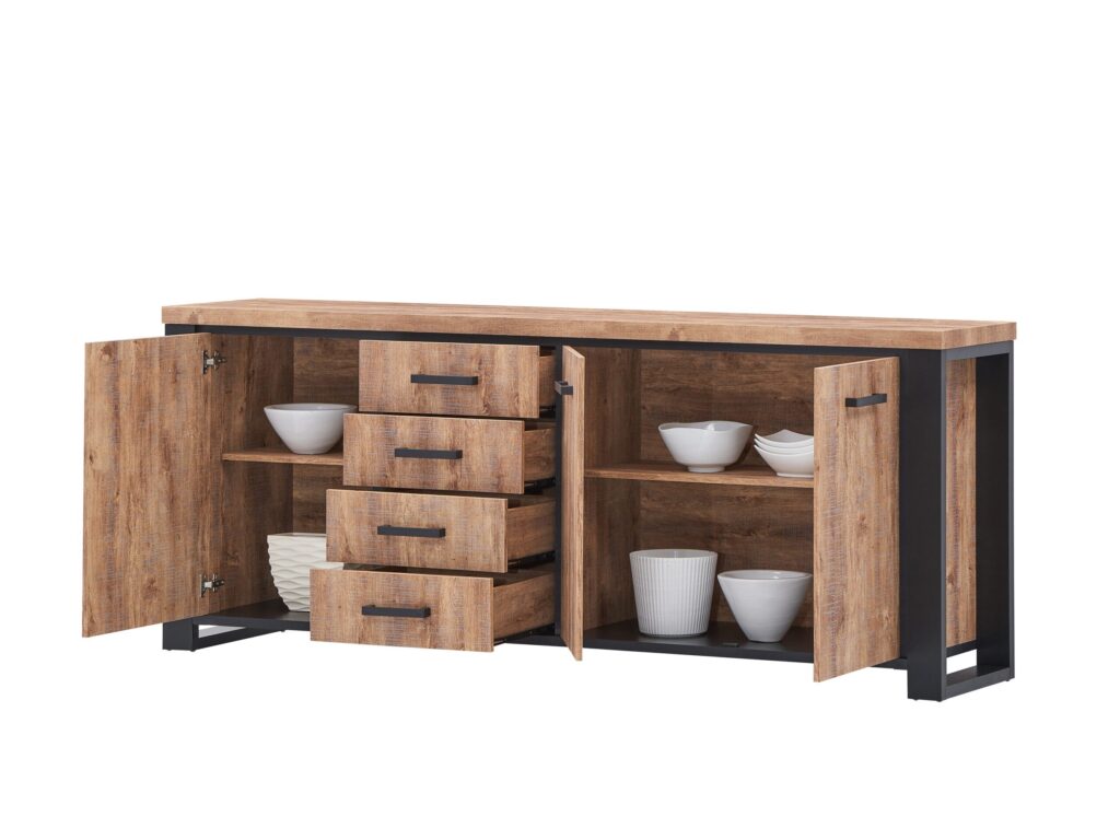 Kast met houten deuren en zwarte accenten gevuld met wit servies, verkrijgbaar bij Belga Meubel in Brugge