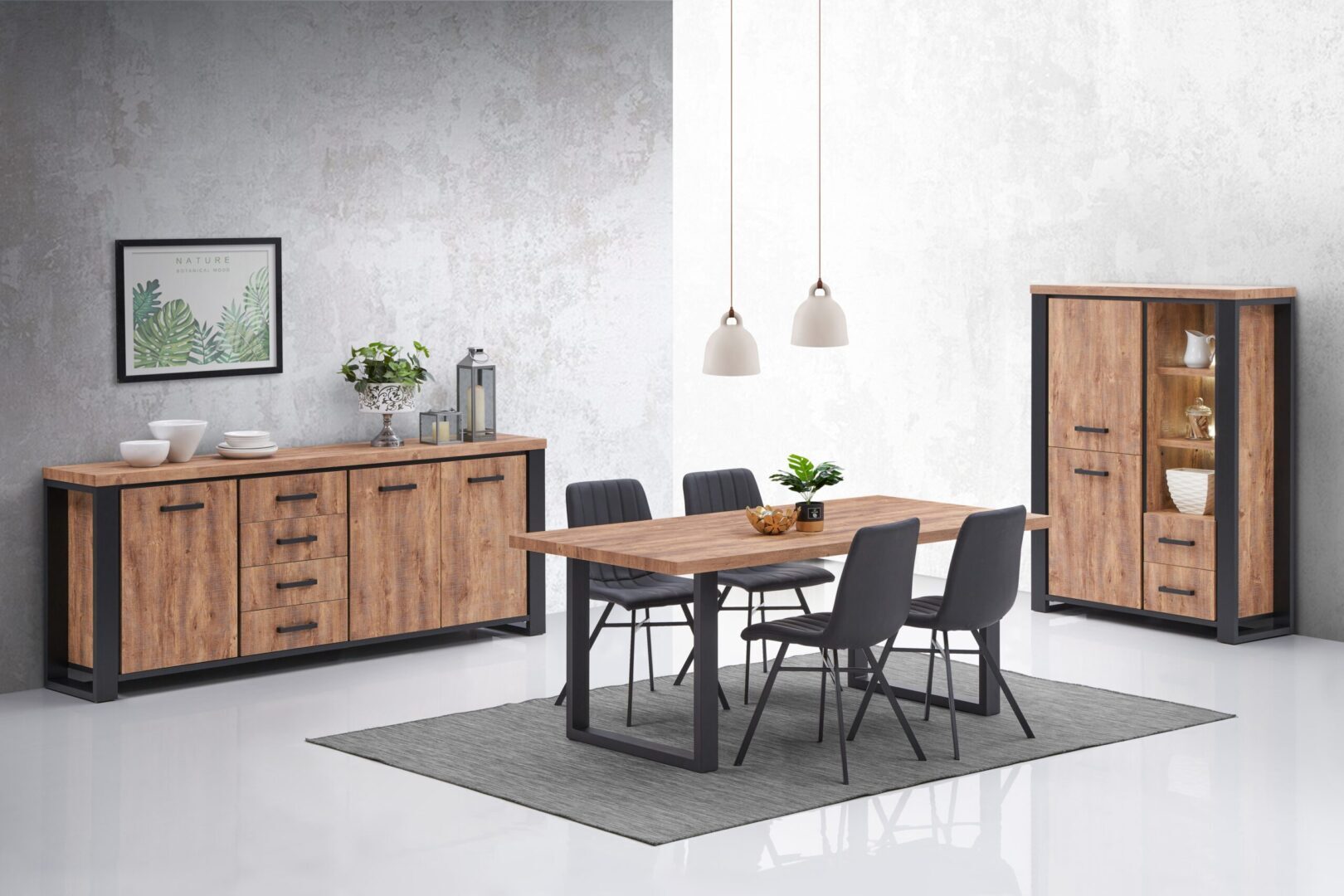 Modern eetkamer met houten tafel, zwarte stoelen, buffetkast en dressoir in industriële stijl bij Belga Meubel Brugge