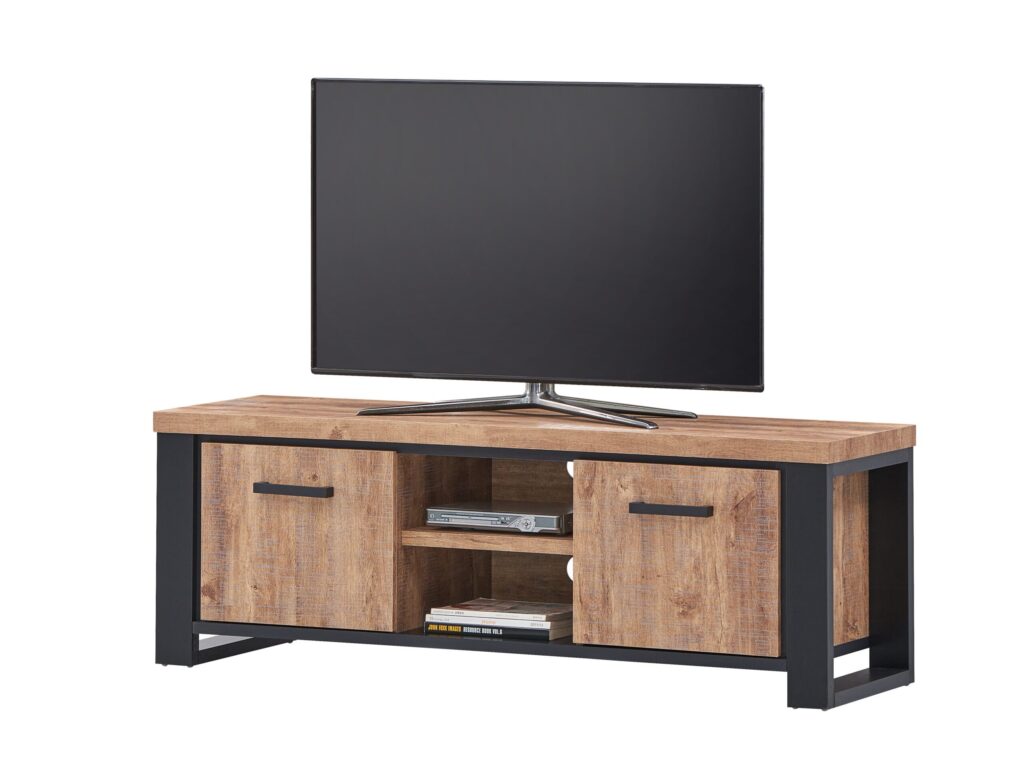tv meubel in industrieel design met hout en zwart metaal, tv en dvd-speler, verkrijgbaar bij Belga Meubel Brugge