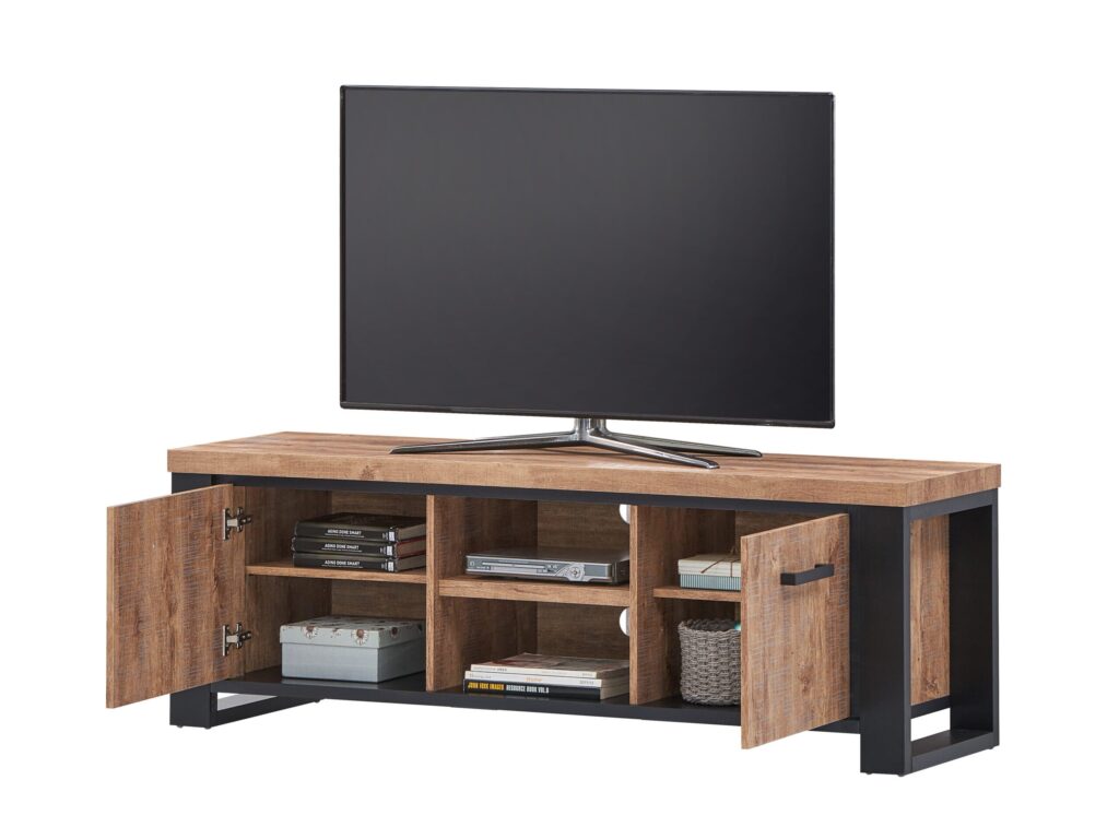 Moderne tv-meubel van hout en zwart metaal met open en dichte bergruimte, ontworpen door Belga Meubel in Brugge