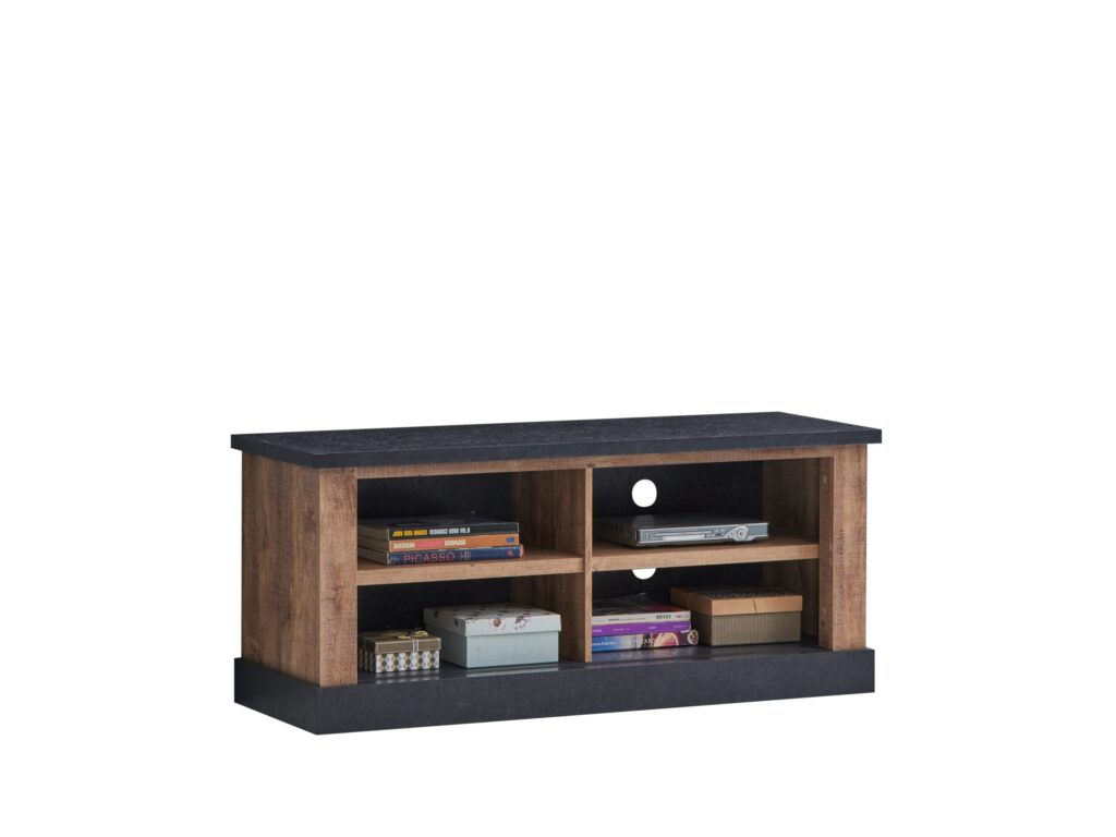kast met open vakken van hout en zwart materiaal met boeken en decoratie bij Belga Meubel Brugge