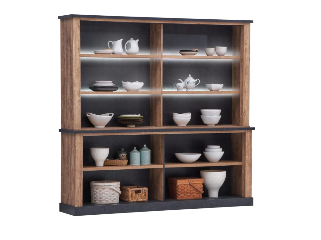 Houten displaykast met keramische en rieten decoraties in moderne stijl van Belga Meubel Brugge