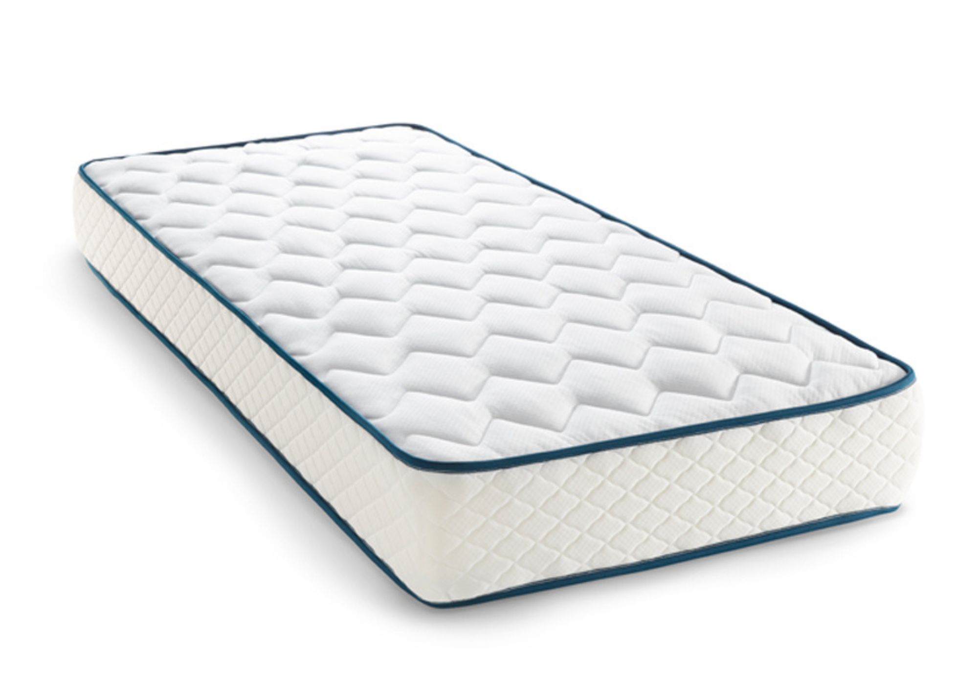 Witte matras met blauwe rand en patroon, verkrijgbaar bij Belga Meubel in Brugge