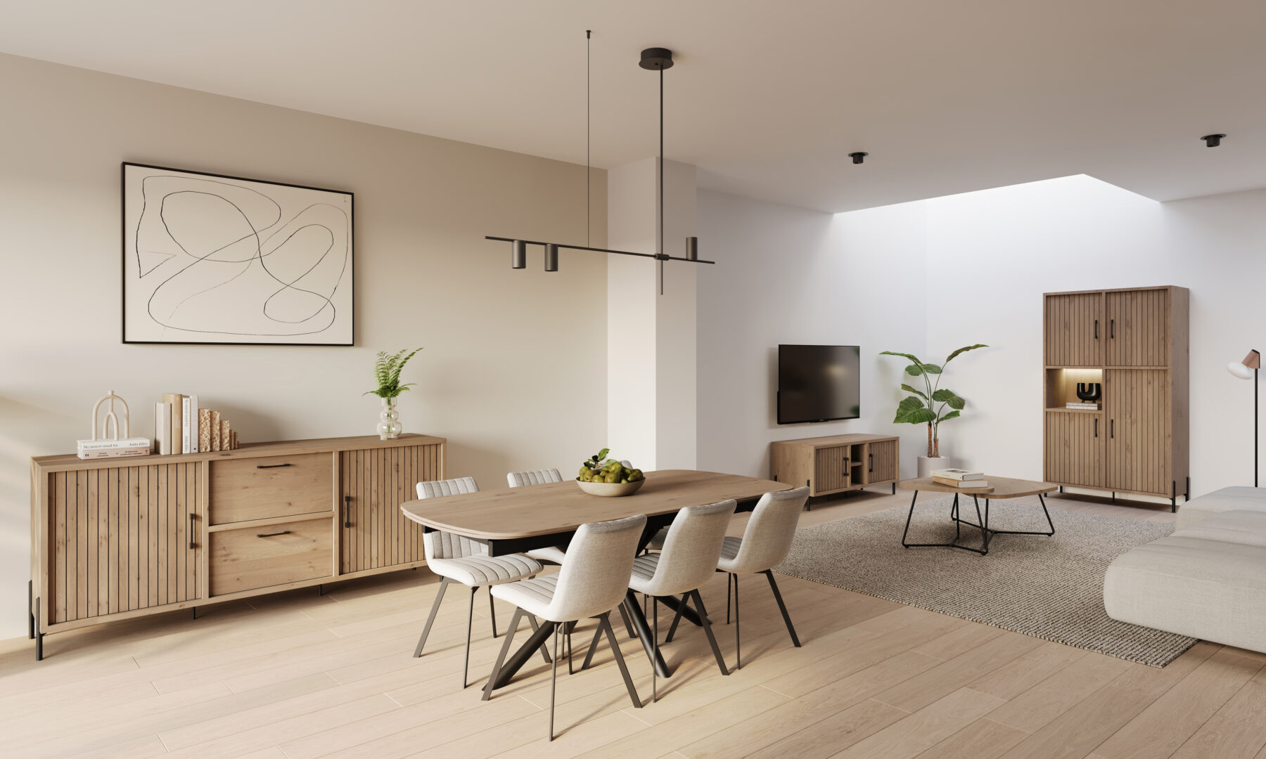 Moderne eetkamer en woonkamer met houten meubels van Belga Meubel in Brugge, inclusief tafel, stoelen, kasten en salontafel