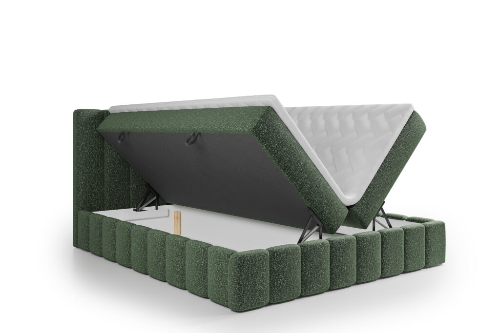 Donkergroene opbergboxspring met openklappende matrassen en gestoffeerde bekleding bij Belga Meubel Brugge