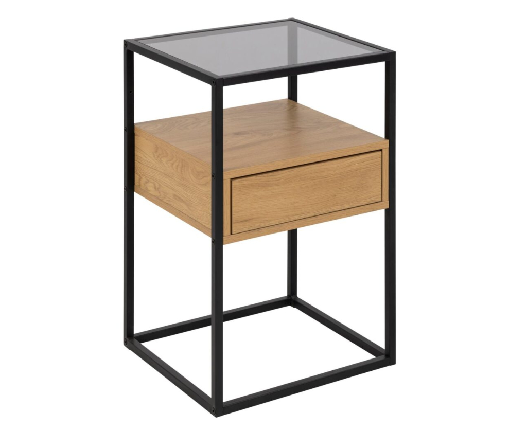 nachtkastje met zwarte metalen frame, glazen bovenblad en houten lade verkrijgbaar bij Belga Meubel Brugge