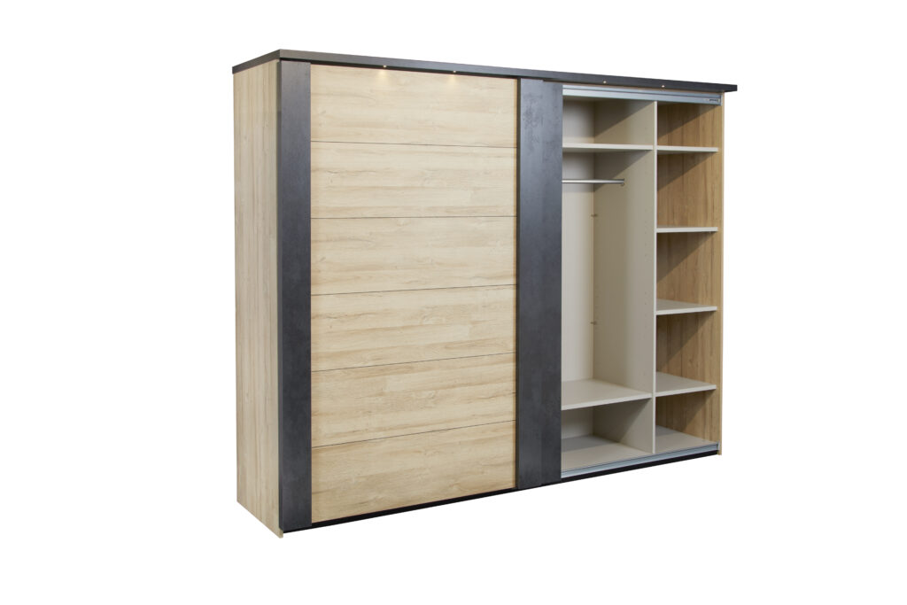 Moderne kledingkast met schuifdeuren in houtlook en antraciet kleur, open kast met planken en hangruimte Belga Meubel