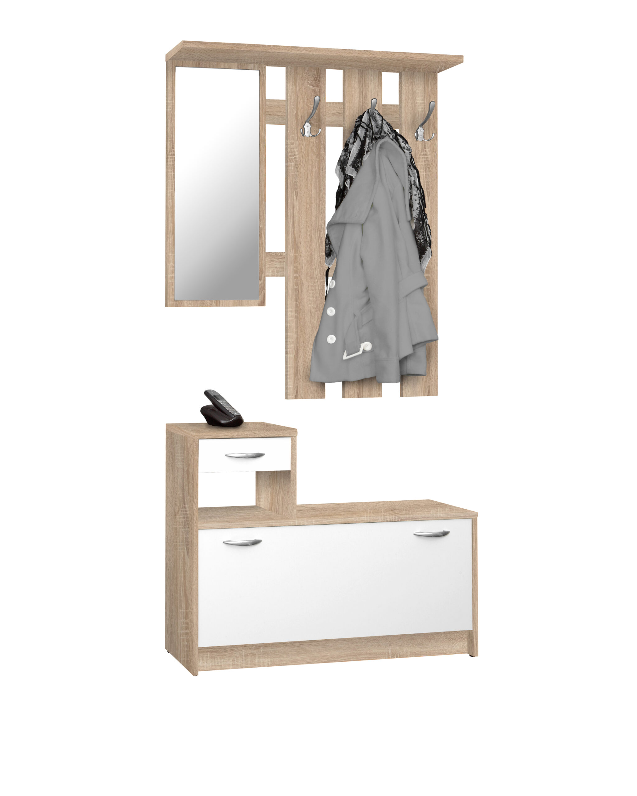 halmeubel met spiegel en kapstok in eik decor met jas en sjaal, verkrijgbaar bij Belga Meubel Brugge