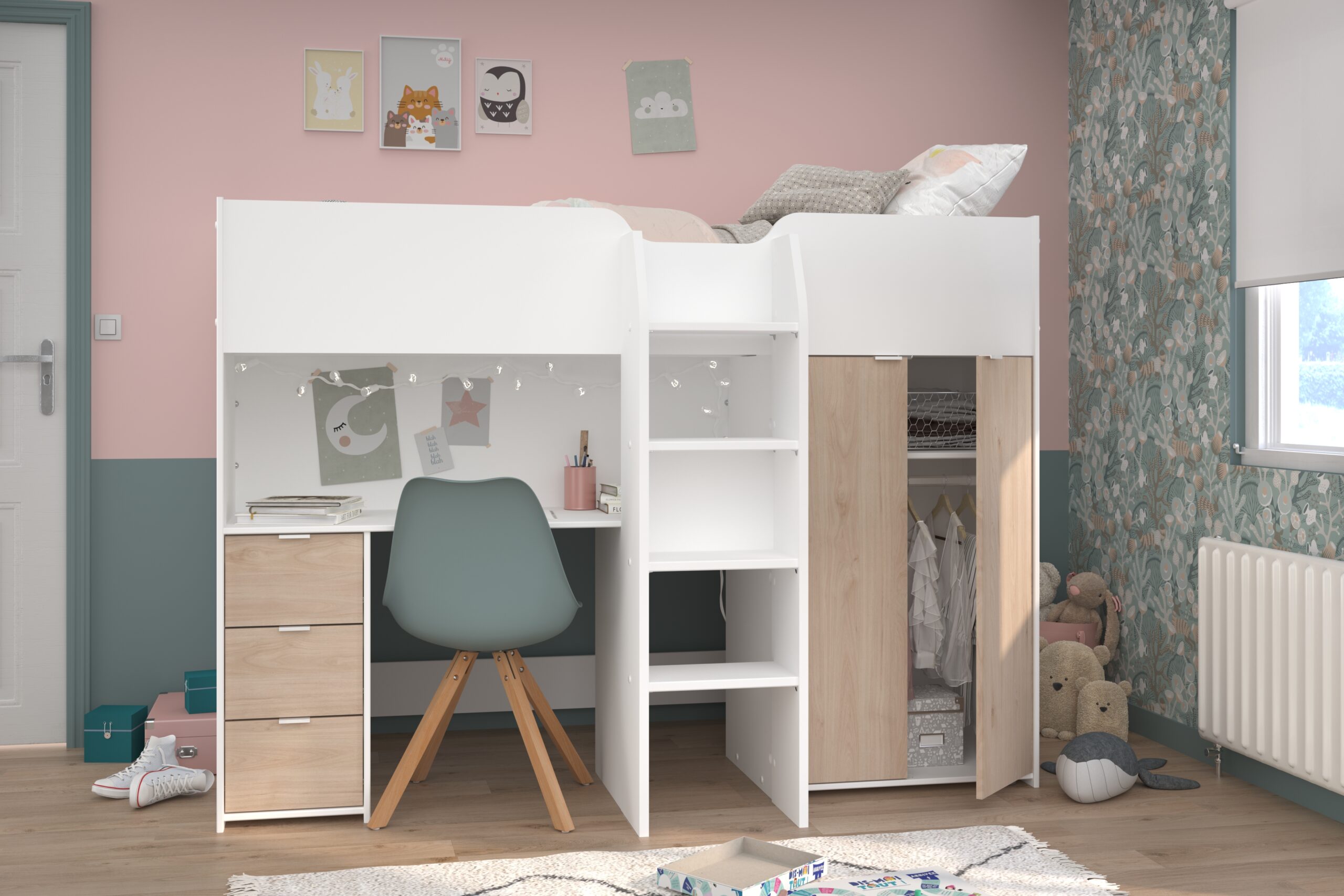 Kinderkamer met een wit hoogslaper en bureau gecombineerd met opbergkast van Belga Meubel in Brugge