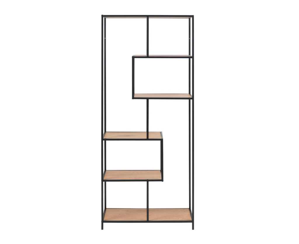 Moderne open rek met zwart metalen frame en houten planken, verkrijgbaar bij Belga Meubel Brugge