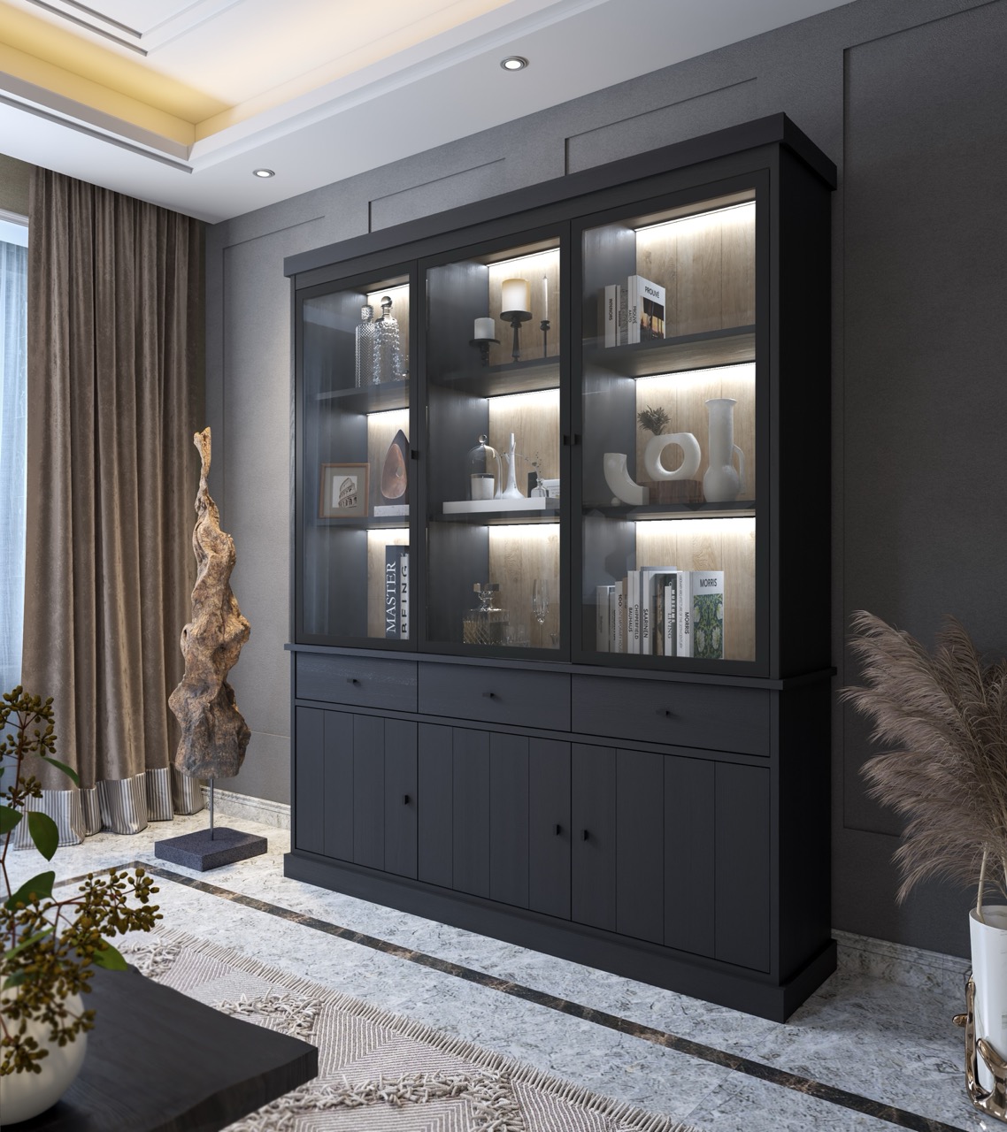 Zwarte glazen vitrinekast met verlichting en decoratie in moderne woonkamer bij Belga Meubel Brugge