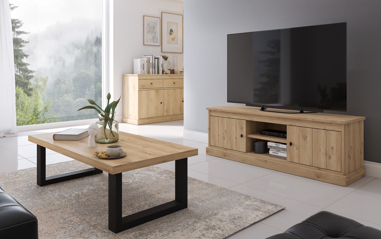 Modern woonkamer met houten tv-meubel en salontafel van Belga Meubel in Brugge