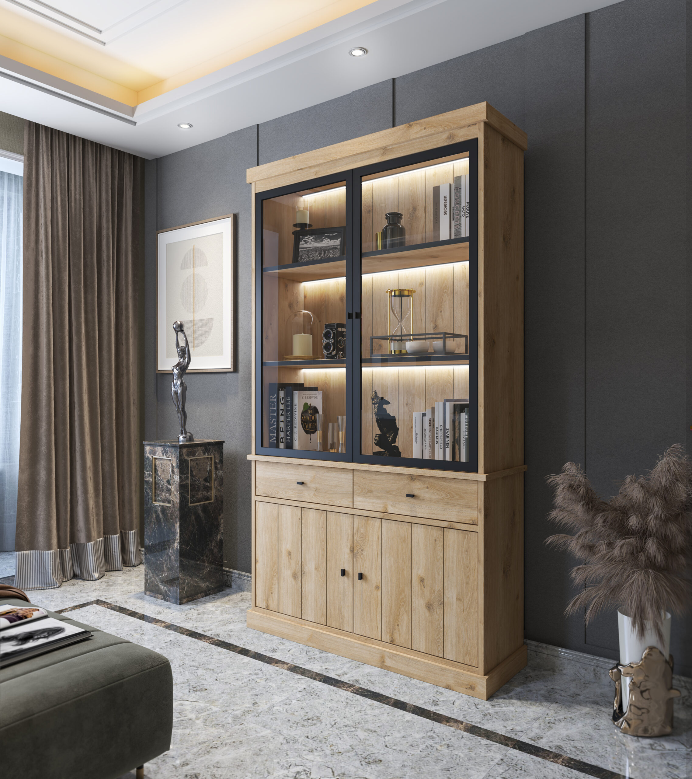 Houten vitrinekast met zwarte metalen deuren en verlichting, gestyled met boeken en decoratie, verkrijgbaar bij Belga Meubel Brugge