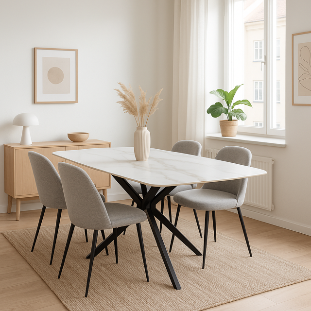 moderne eettafel met wit marmeren blad en vier grijze stoelen in lichte eetkamer bij Belga Meubel Brugge