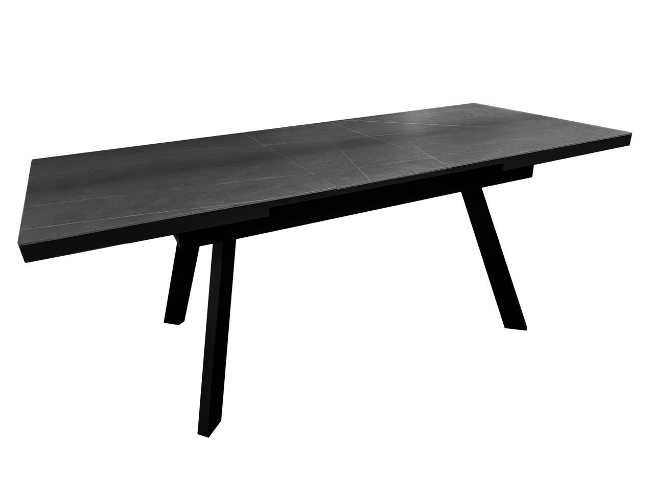 Moderne uitschuifbare eetkamertafel met donkergrijs blad en zwarte poten, verkrijgbaar bij Belga Meubel Brugge