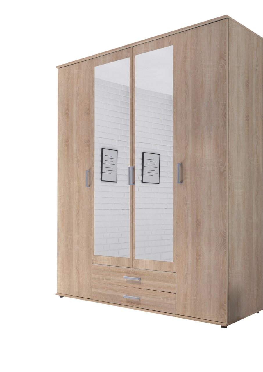 Kast met spiegeldeuren en lade in houtlook, verkrijgbaar bij Belga Meubel Brugge, moderne slaapkameroplossing