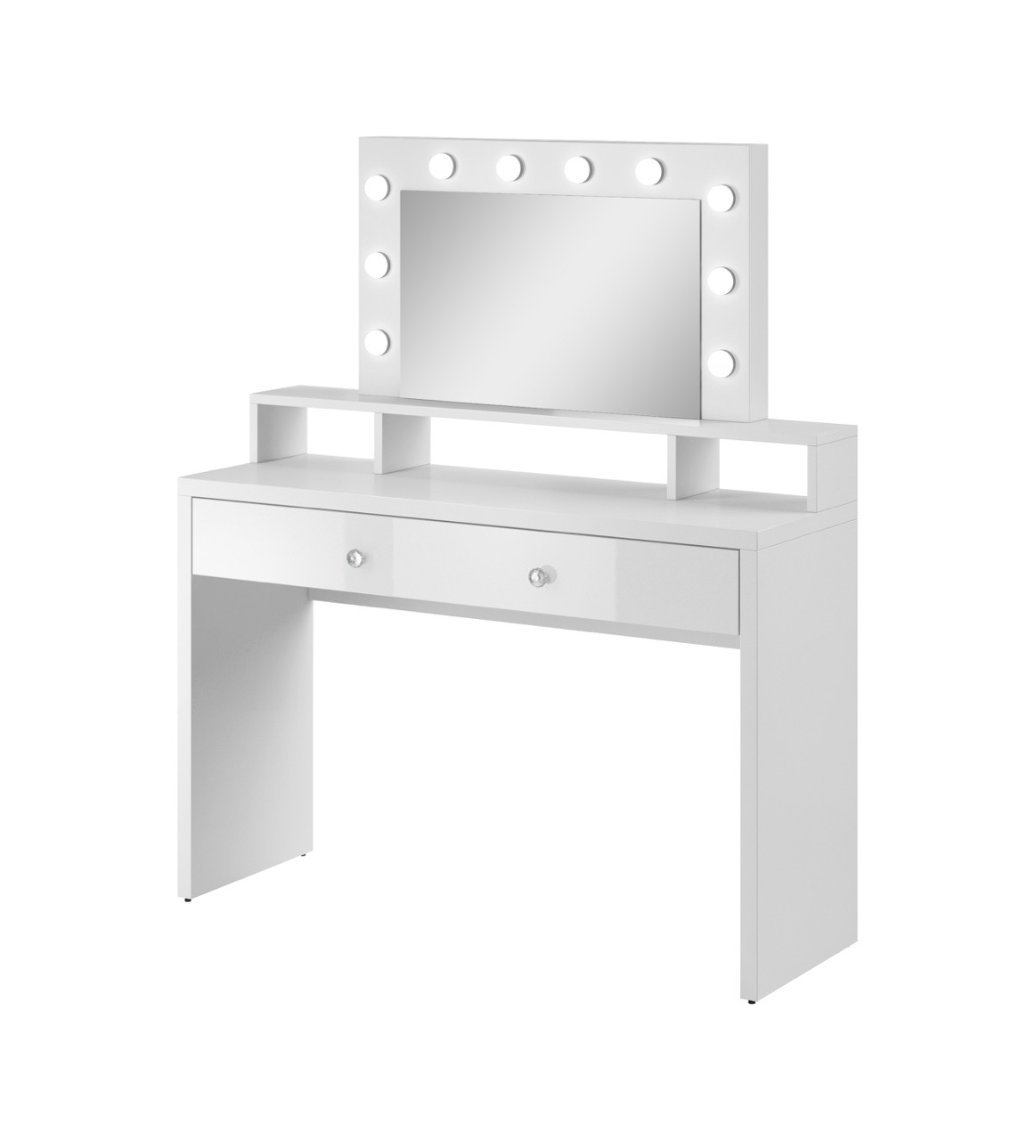 Witte kaptafel met LED-verlichte spiegel en lade, modern design verkrijgbaar bij Belga Meubel Brugge