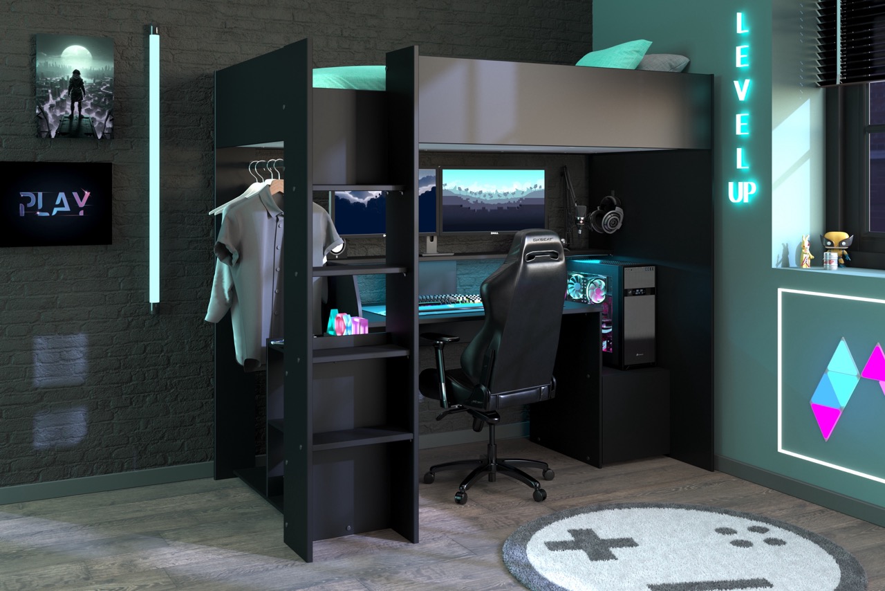 Zwart hoogslaper met geïntegreerde bureau en kledingrek in stijlvolle gaming kamer, meubels van Belga Meubel Brugge