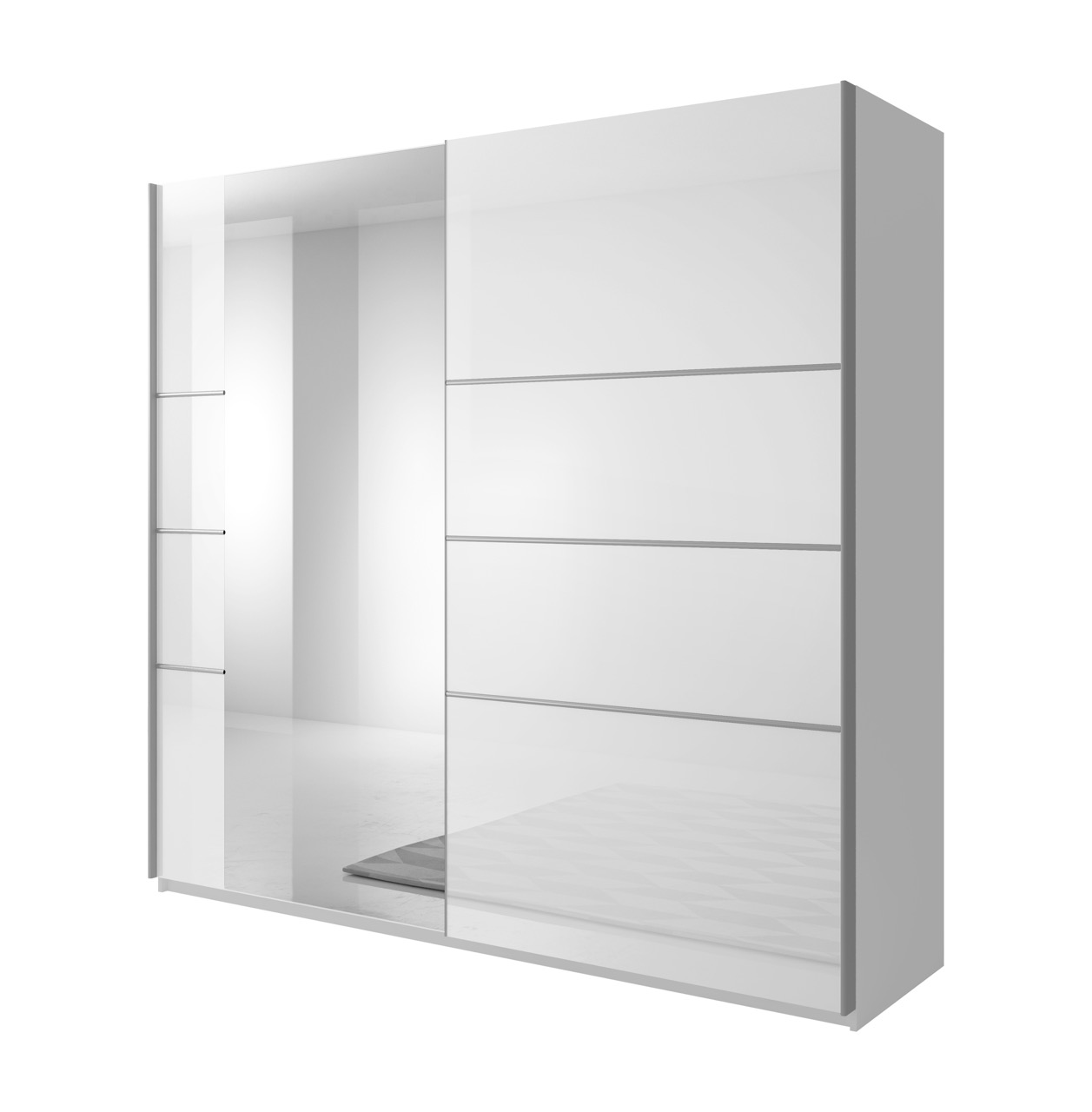 Witte moderne schuifdeurkast met spiegel en subtiele horizontale lijnen, strak design