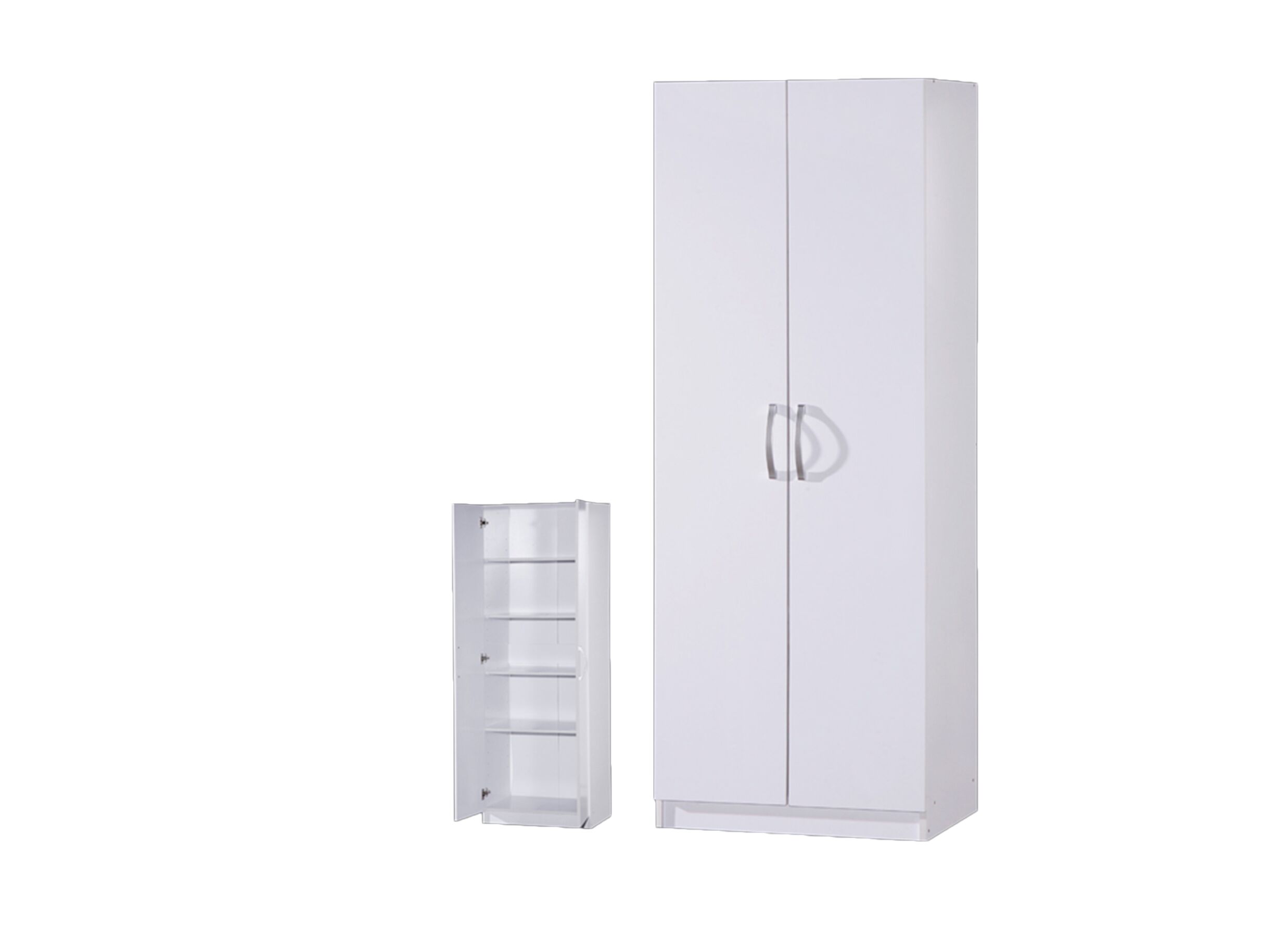 Witte hoge opbergkast met dubbele deuren en ingebouwde planken, moderne afwerking