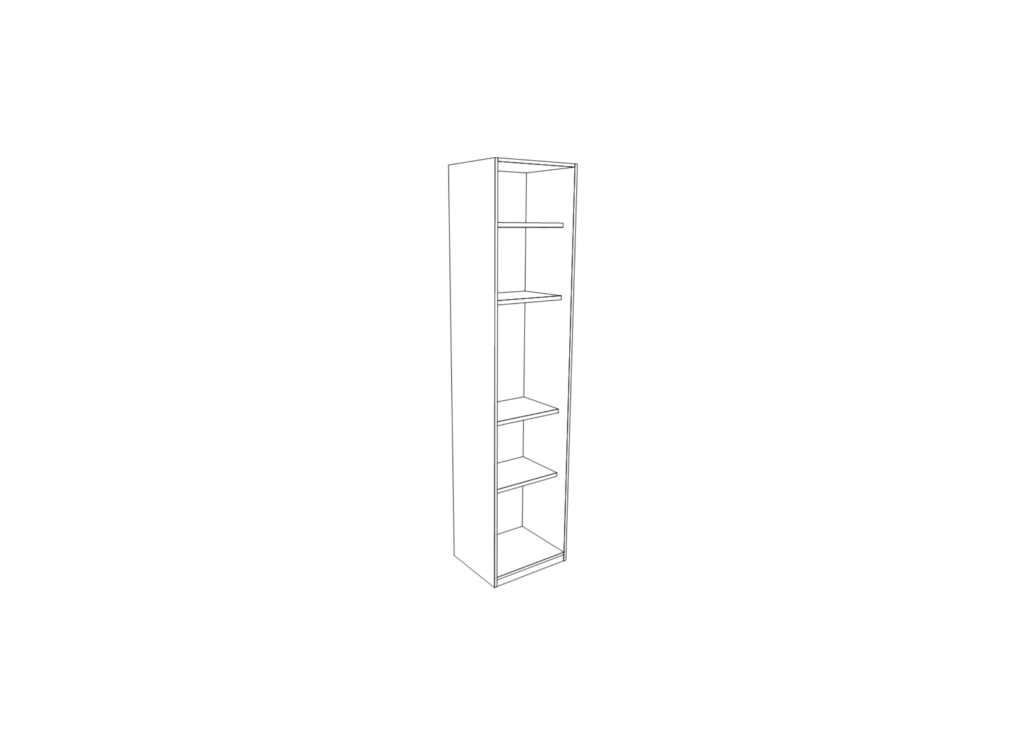 Smalle hoge kast met meerdere planken, minimalistisch design, witte kleur, meubel verkrijgbaar bij Belga Meubel Brugge