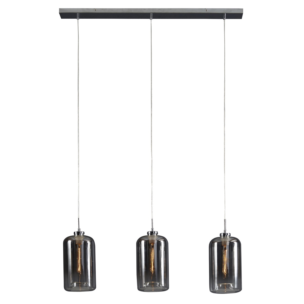 Moderne hanglamp met drie rookglazen cilinderlampen aan metalen balk, verkrijgbaar bij Belga Meubel Brugge