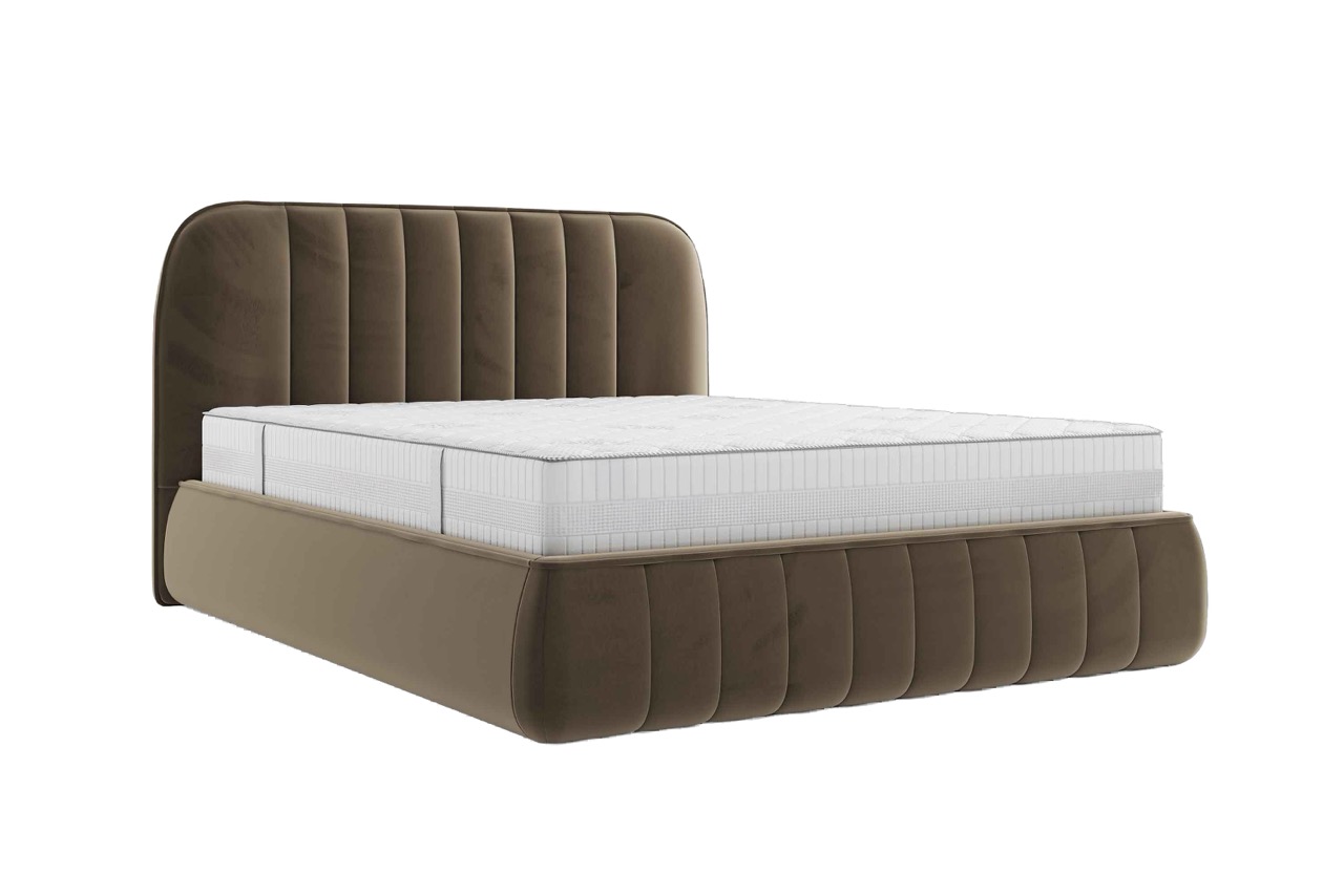 Bruin gestoffeerd bed met verticale stiksels en wit matras, modern ontwerp