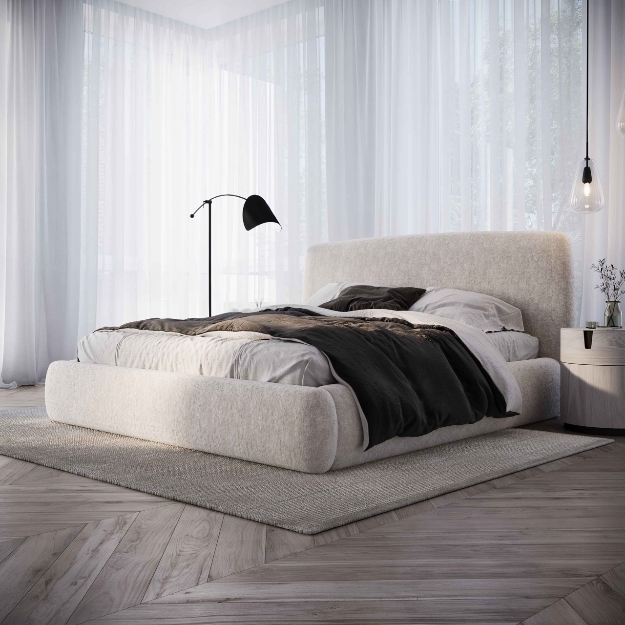 Comfortabel beige gestoffeerd bed met zwart-witte beddengoed in modern slaapkamerinterieur Belga Meubel Brugge