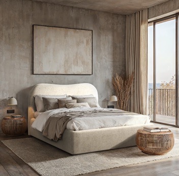 Stijlvolle beige tweepersoonsbed met houten nachtkastjes en grote raampartij in modern slaapkamerinterieur