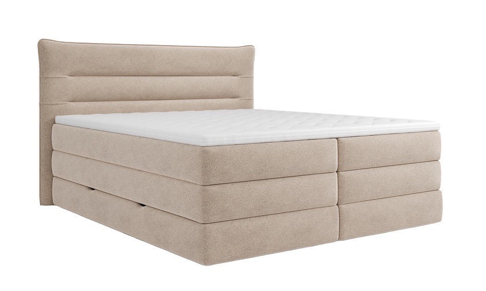 Beige boxspring bed met gestoffeerd hoofdeind en wit matras verkrijgbaar bij Belga Meubel Brugge