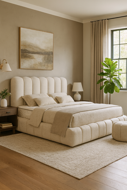 Sfeervolle slaapkamer met een beige gestoffeerd bed, nachtkastje, modern schilderij en een groen plantenblad bij Belga Meubel