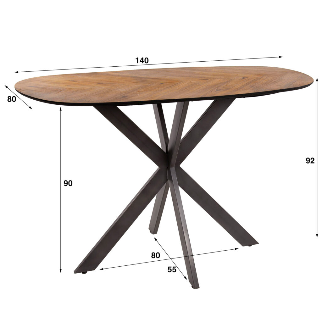 Ovale houten eettafel met zwart metalen pootconstructie en afmetingen zichtbaar