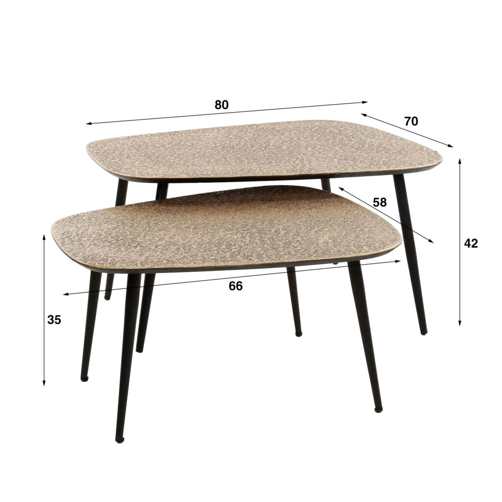 Set van twee decoratieve bijzettafels met metalen poten en gemarmerd tafelblad, afmetingen aangegeven