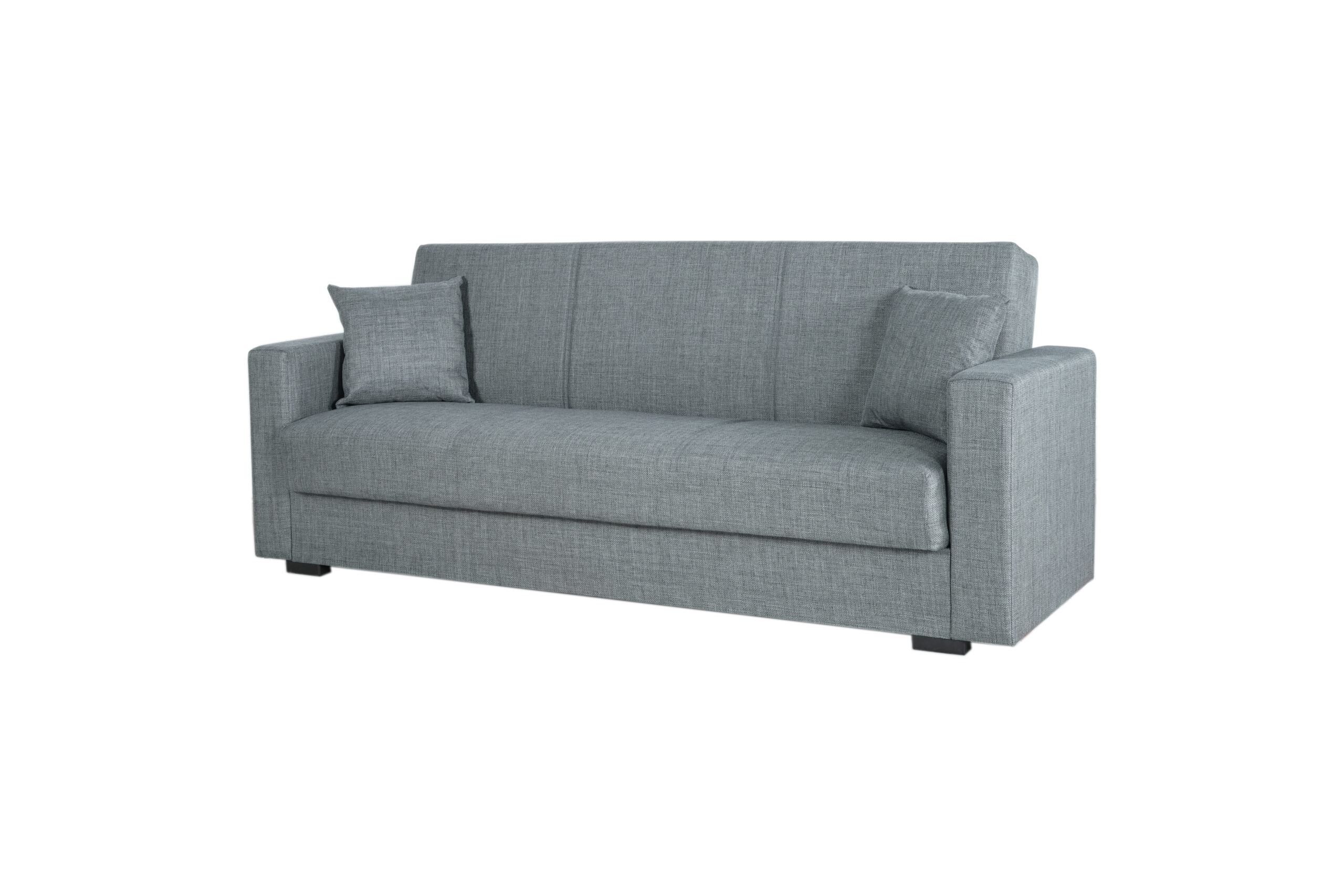 Grijze stoffen slaapzetel met armleuningen en twee sierkussens, modern design