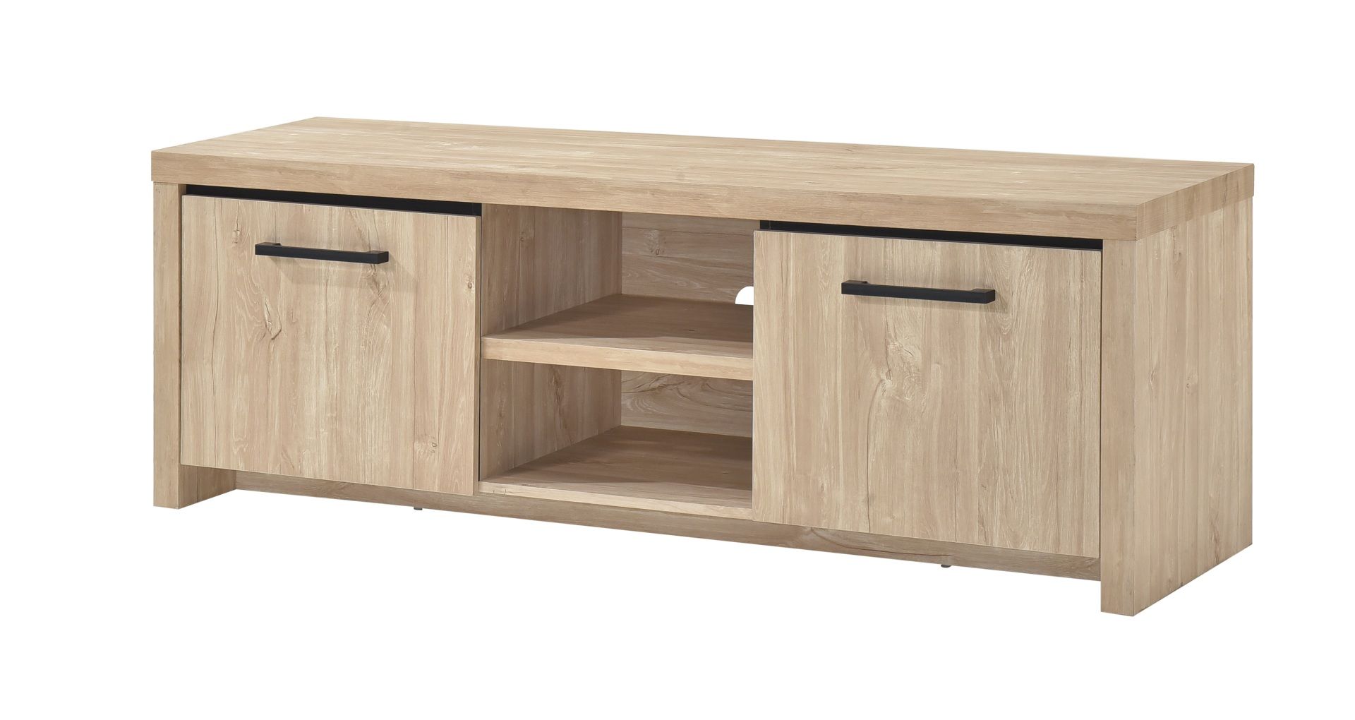 Licht houten tv-meubel met open vakken en twee deuren met zwarte handgrepen, verkrijgbaar bij Belga Meubel Brugge