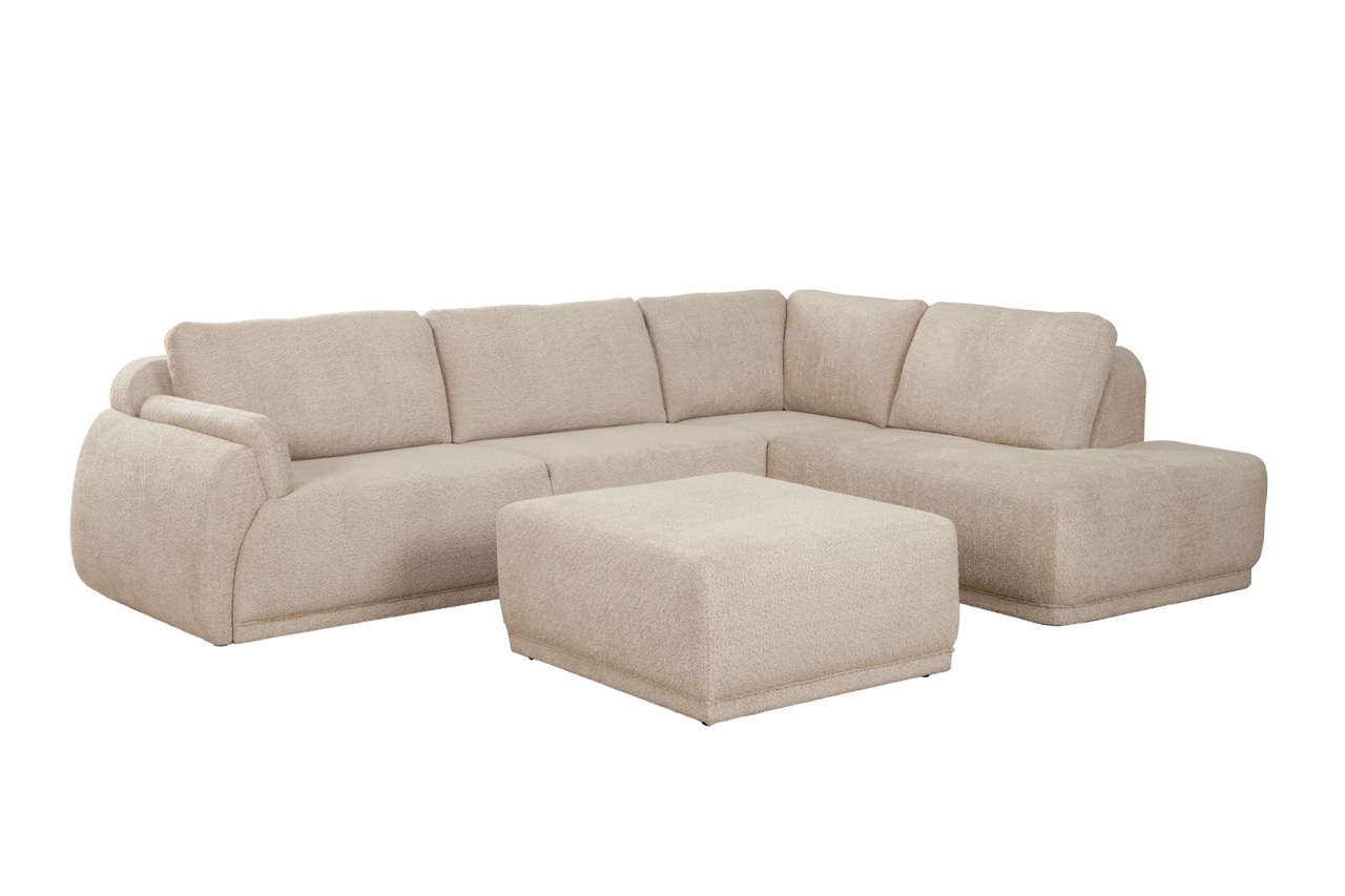 Lichtbeige hoekbank met stoffen bekleding en bijpassende poef, modern design
