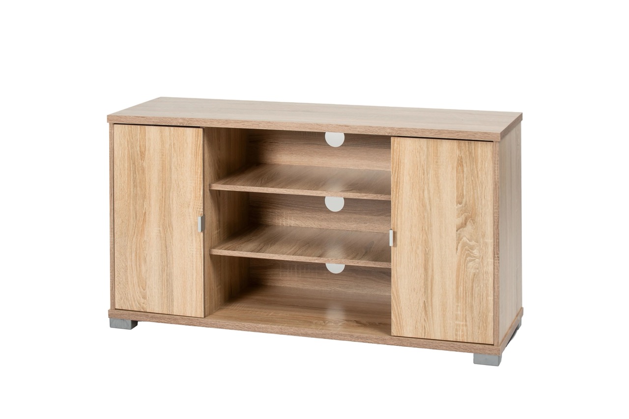 Licht houten TV-meubel met twee dichte kastdeuren en drie open planken met kabeldoorvoergaten