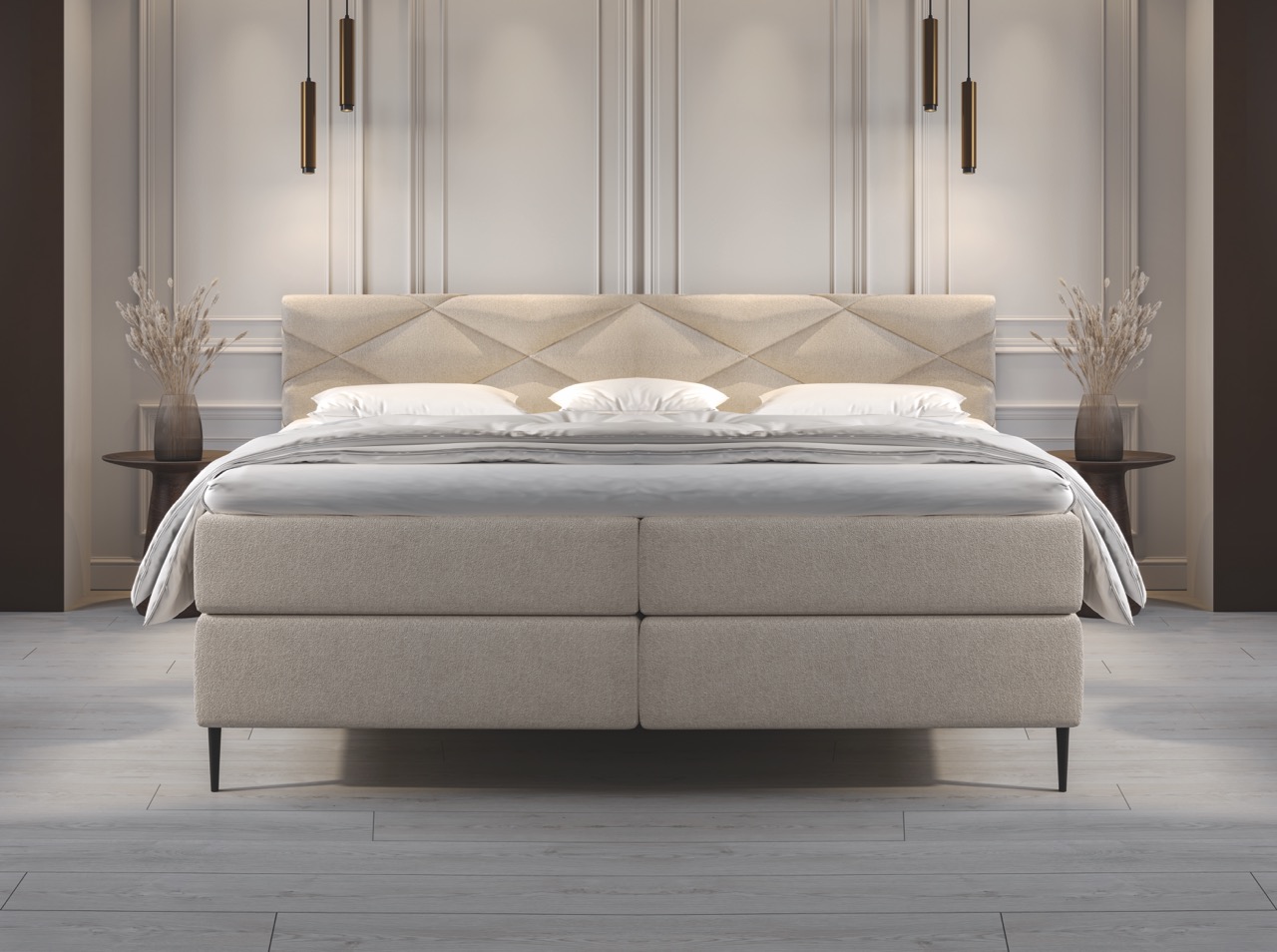 Beige boxspringbed met gestoffeerd hoofdbord en zachte kussens in modern slaapkamerinterieur bij Belga Meubel