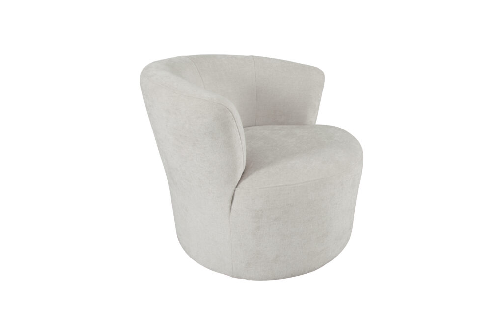 Beige ronde fauteuil met zachte stof en hoge rugleuning verkrijgbaar bij Belga Meubel Brugge