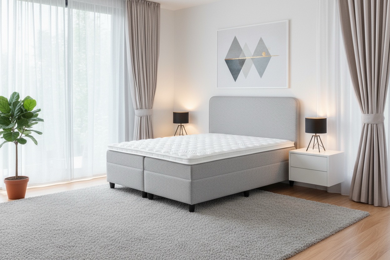 Lichtgrijze boxsprings bed met wit matras in moderne slaapkamer met nachtkastjes en gordijnen